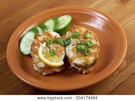 grilled t-bone codfish steak and vegetables ,close up meal