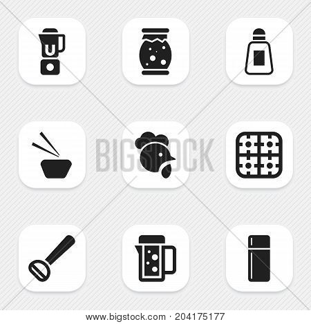 Set Of 9 Editable Food Icons. Includes Symbols Such As Husker, Saltshaker, Homemade Jelly And More