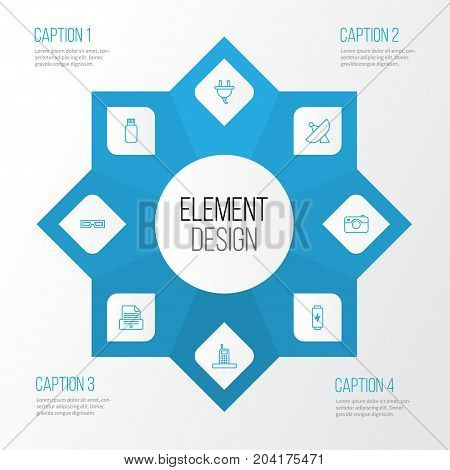Icons Set. Collection Of Socket, Charge, Photo Apparatus And Other Elements