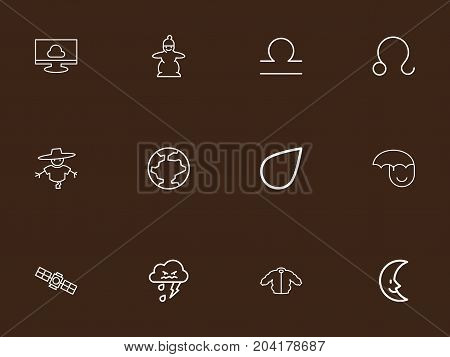 Set Of 12 Editable Climate Outline Icons. Includes Symbols Such As Bugbear, Happy Man, Goat And More