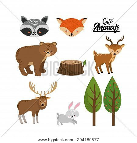 set cute wild animal with natural trees vector illustration
