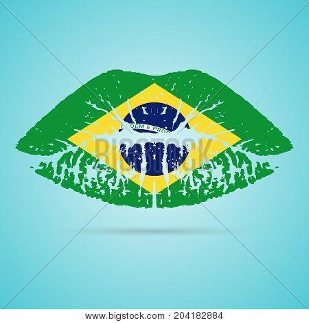 Brazil Flag Lipstick On The Lips Isolated On A White Background. Vector Illustration. Kiss Mark In Official Colors And Proportions. Independence Day