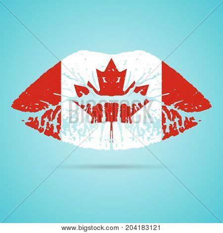 Canada Flag Lipstick On The Lips Isolated On A White Background. Vector Illustration. Kiss Mark In Official Colors And Proportions. Independence Day