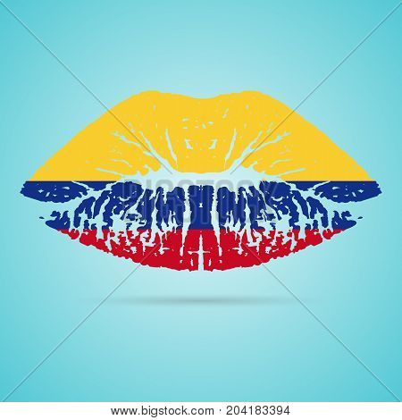 Colombia Flag Lipstick On The Lips Isolated On A White Background. Vector Illustration. Kiss Mark In Official Colors And Proportions. Independence Day