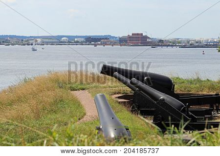 Cannons at Fort McHenry aiming out towards the river.