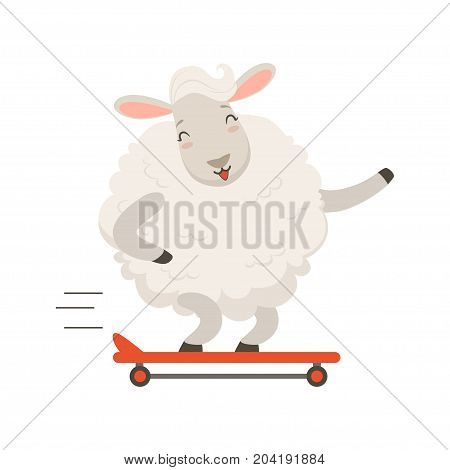 Cute white sheep character riding a skateboard, funny humanized animal vector Illustration on a white background