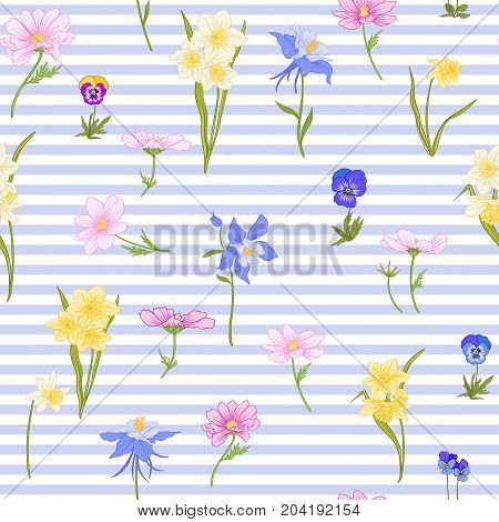 Seamless pattern with daffodils, anemones, violets in botanical vintage style with rococo decor on blue and white stripes background . Stock line vector illustration.