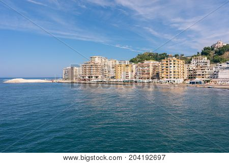 ALBANIA DURRES - September 22 2015: The city of Durres is located on the Adriatic coast. Residential complexes are located along the coastline.