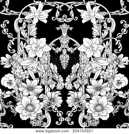 Seamless pattern with daffodils, anemones, violets in botanical vintage style with rococo decor in white and black colors. Stock line vector illustration.