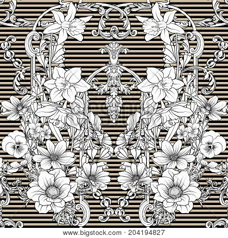Seamless pattern with daffodils, anemones, violets in botanical vintage style with rococo decor on white beige stripes background. Stock line vector illustration.