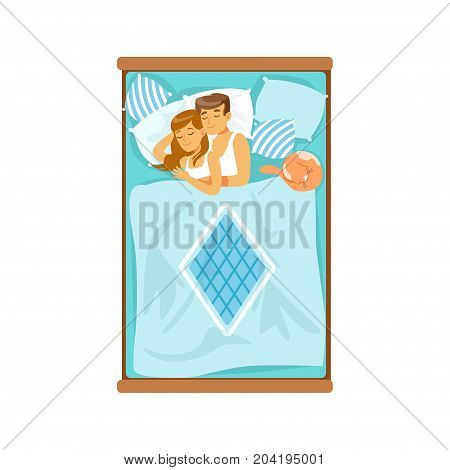 Embracing young couple sleeping on the bed, relaxing man and woman vector Illustration