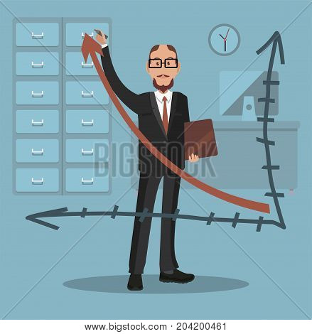 Businessman draws a graph. Planning revenue growth. Flat design