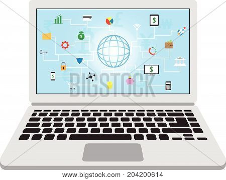 22 Fintech Icons Around A Globe With Blue Background And Multiple Currencies Rupee Euro Bitcoin Pound Dollar Yen Won In A Laptop Screen Involving In Financial Technology.