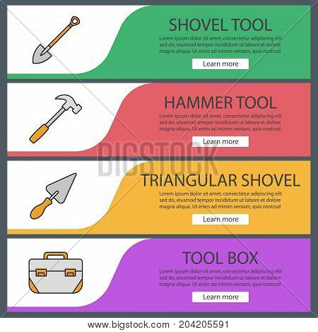 Construction tools web banner templates set. Spade, triangular shovel, hammer, tool box. Website color menu items. Vector headers design concepts
