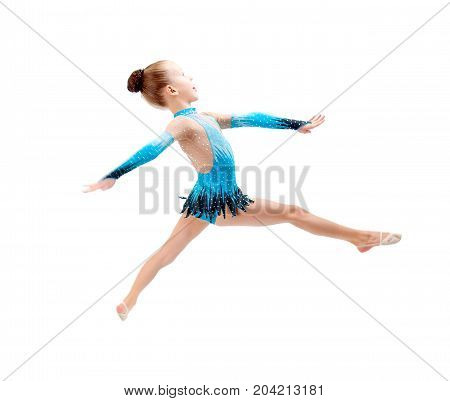 young girl doing gymnastics over white isolated,
