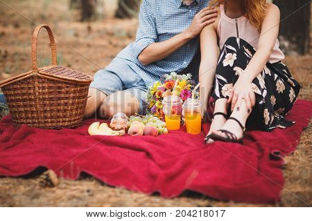Close-up photo of body parts woman and man. with bright picnic, sitting in the forest. Lifestyle concept.