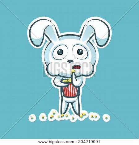 Sticker emoji emoticon emotion watch movie, eat popcorn, vector isolated illustration character sweet, cute white rabbit, bunny, hare, coney, cony, lapin for happy Easter mobile app