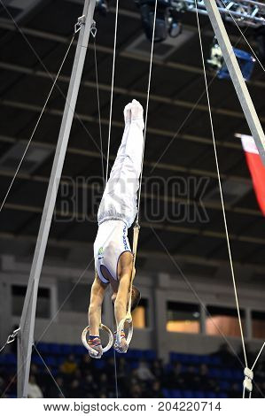 Male Gymnast Performing On Stationary Gymnastic Rings