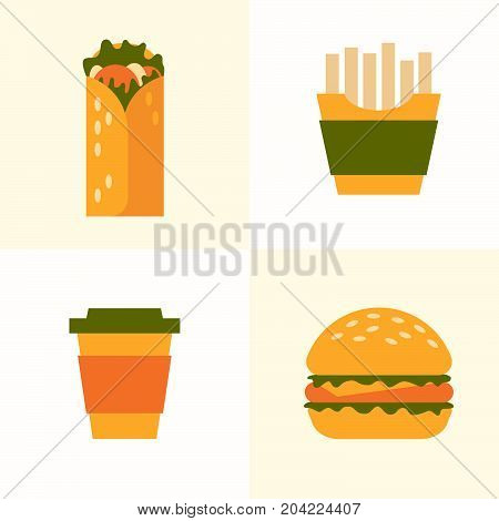 Set of icons on theme of fast food. Food and drink takeaway: French fries, roll, burger, paper cups coffee. Vector illustration.
