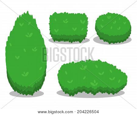 Set of Various Isolated Bushes. Cool simple flat design with shadows. Different Shapes of Bushes. Vector Illustration.