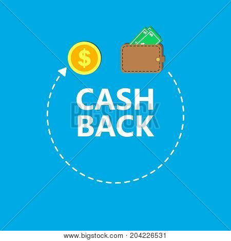 Cash back concept vector illustration. Flat brown wallet full of the money. Coins and arrow on the blue background.