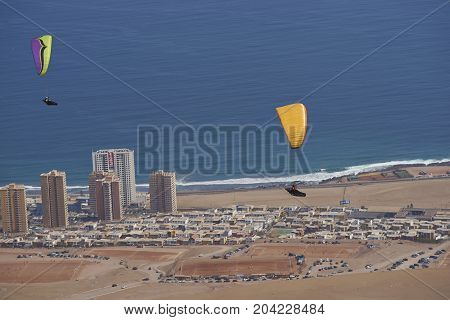 Iquique, Tarapaca Region, Chile - August 20, 2017: Paraglider over the coastal city of Iquique on the northern coast of Chile.