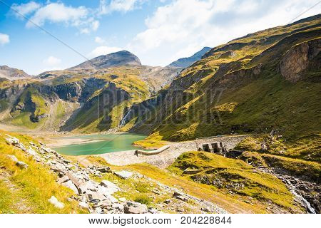 Nassfeld Speicher lake next to Grossglockner High Alpine road in Hohe Tauern National Park, Austria