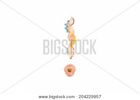 The Exclamation mark from pencil shavings on white background