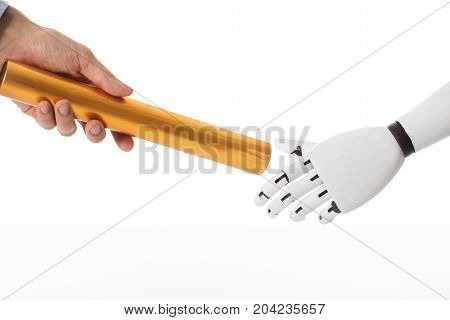 Close-up Of Robot Hand Giving Golden Baton To Businessperson