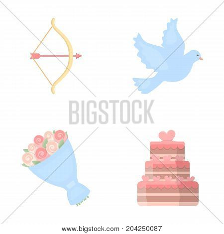 Arrow cupid, dove, bouquet of flowers, wedding cake. Wedding set collection icons in cartoon style vector symbol stock illustration .