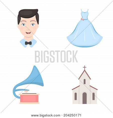 Wedding dress, groom, gramophone, church. Wedding set collection icons in cartoon style vector symbol stock illustration .