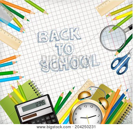 Back to School background With Supplies Tols and Chalkboard. Layered Vector