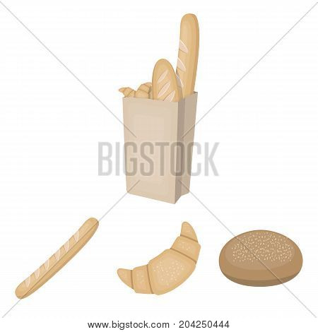 Rye round bread, a croissant, a French loaf, a bag of bread.Bread set collection icons in cartoon style vector symbol stock illustration .