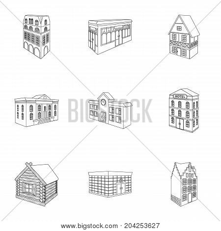 Municipality building, bank office building, stable, wooden hut, bridge and other architectural structures. Architecture and facilities set collection icons in outline style vector symbol stock illustration .
