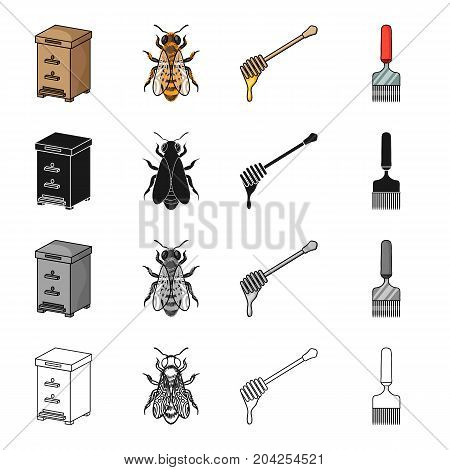 Beehive on an apiary, an insect of a bee, a dipper for honey, a scraper. Apiary set collection icons in cartoon black monochrome outline style vector symbol stock illustration .