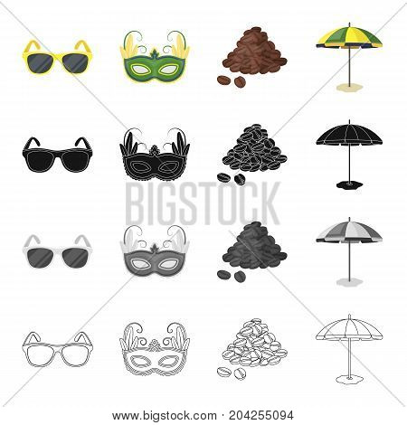 Sunglasses, carnival mask, famous Brazilian coffee, beach umbrella. Brazil set collection icons in cartoon black monochrome outline style vector symbol stock illustration .