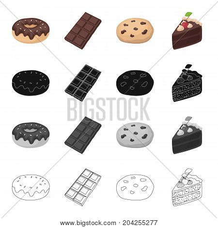 Chocolate donut, chocolate bar, dessert Americano cookies, a piece of cake. Dessert set collection icons in cartoon black monochrome outline style vector symbol stock illustration .