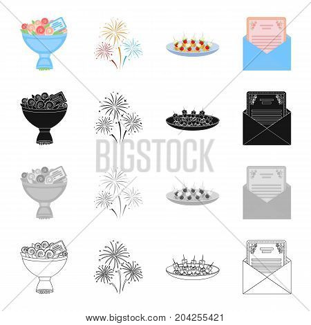 A bouquet of flowers, an invitation to an event, a festive firework, a canape on a plate.Event Service set collection icons in cartoon black monochrome outline style vector symbol stock illustration .