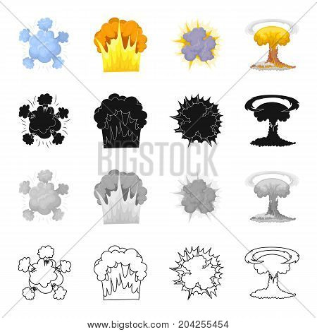 Nuclear explosion, flash, flame. Various types of explosions set collection icons in cartoon black monochrome outline style vector symbol stock illustration .