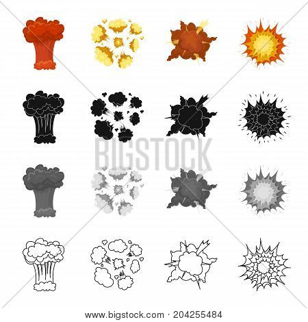 Nuclear explosion, flash, flame. Various types of explosions set collection icons in cartoon black monochrome outline style vector symbol stock illustration .