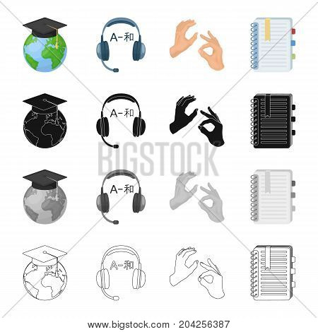 Globe in a hat, interpreter's headphones, gestures with hands, notepad with bookmarks. Interpreter set collection icons in cartoon black monochrome outline style vector symbol stock illustration .