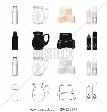 A bottle of milk, a jug, a piece of cheese, whipped cream. Milk set collection icons in cartoon black monochrome outline style vector symbol stock illustration .