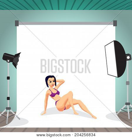 Young woman in swimsuit sitting posing in photo studio on white background. Vector flat cartoon illustration