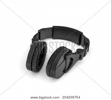 3d rendering of jet black wireless headphones with over-the-ear design lying on white background. Music fan. Listen to beat. Audio tech.