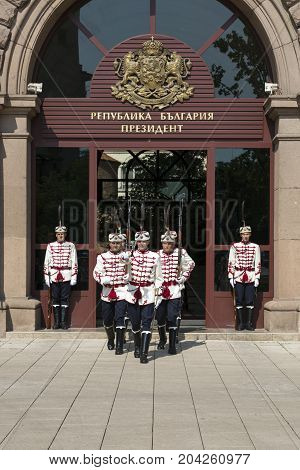 SOFIA, BULGARIA - AUGUST 09, 2017:Guardsmen at the entrance to the residence of the President of Bulgaria