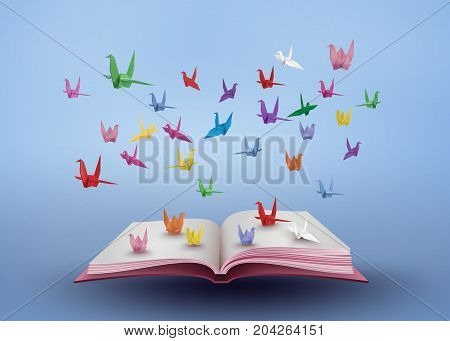 origami made colorful paper bird flying over open book and blue sky with clound . paper art and craft style.