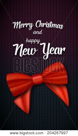 Illustration of Vector Merry Christmas Greeting Card. Realistic Red Ribbon with Paper Lettering on Kneeted Pattern Background