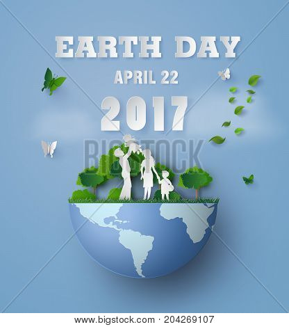 concept of eco and earth day with family.paper art and carft style.