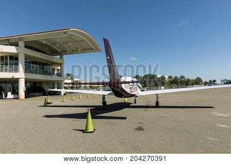 ST. PETERSBURG USA - FEBR 16 2017: Albert Whitted Airport Private piston aircraft Piper Matrix in the foreground. St. Petersburg FLorida