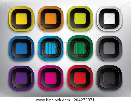 Abstract vector web buttons set of 12. Set of square paper style buttons for your website or app. Isolated on the white background. Vector illustration. Eps10.